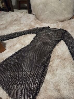 Black Long-Sleeve Mesh Iridescent Rhinstone Dress